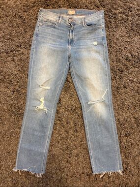 MOTHER Light Blue Distressed mid rise Dazzler Ankle Fray